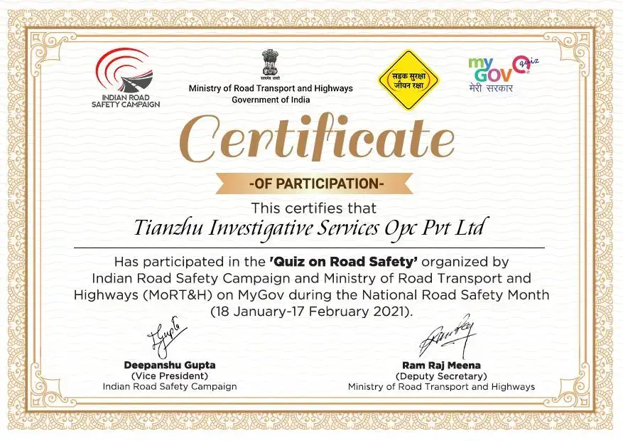 Certificate of Participation. This Certified that Tianzhu investigative services OPC Pvt Ltd.